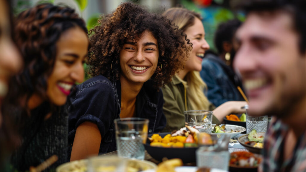 laughing friends at the table