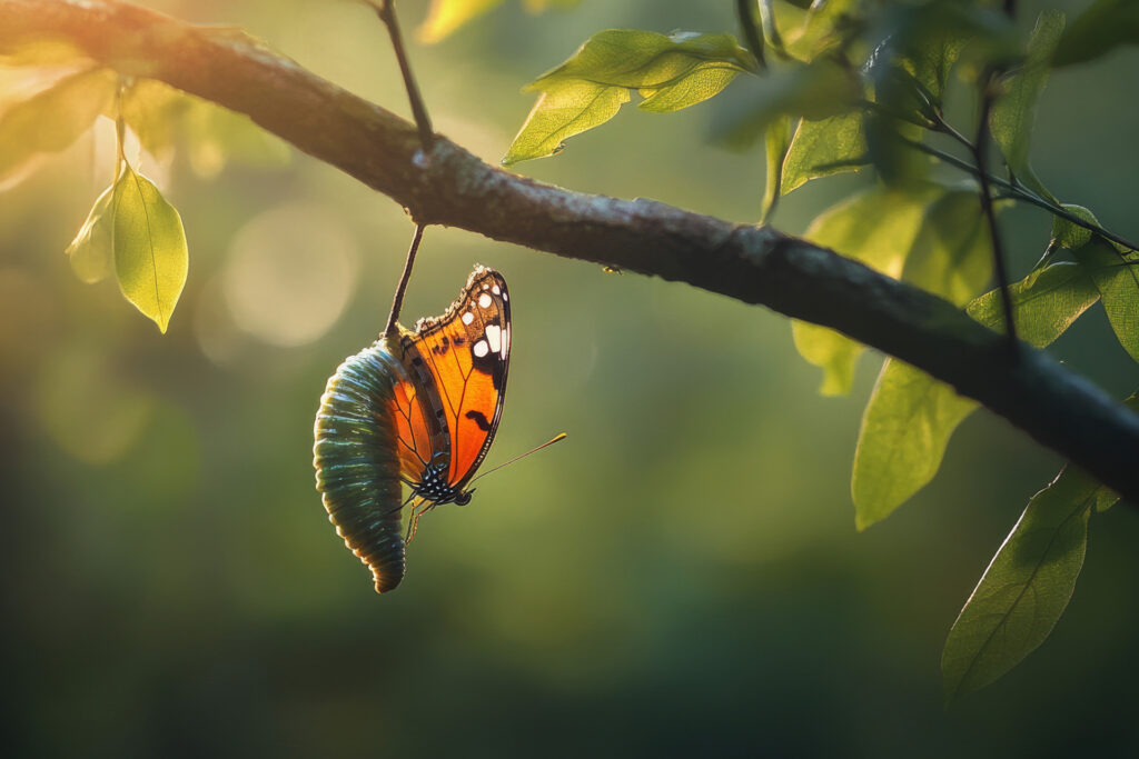 a butterfly emerging from its chrysalis